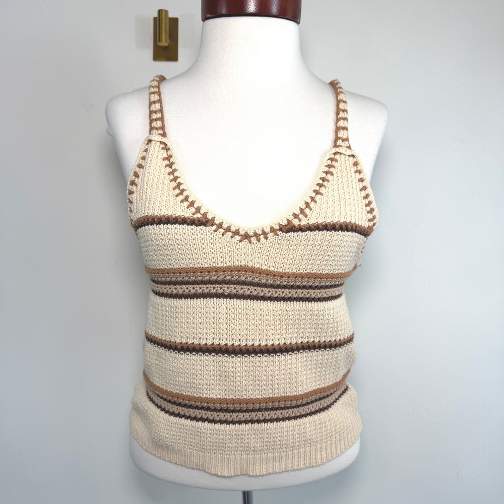 Be Cool Crochet Knit Tank Top Cream Brown Striped Boho Indie Earthy Festival S/M
